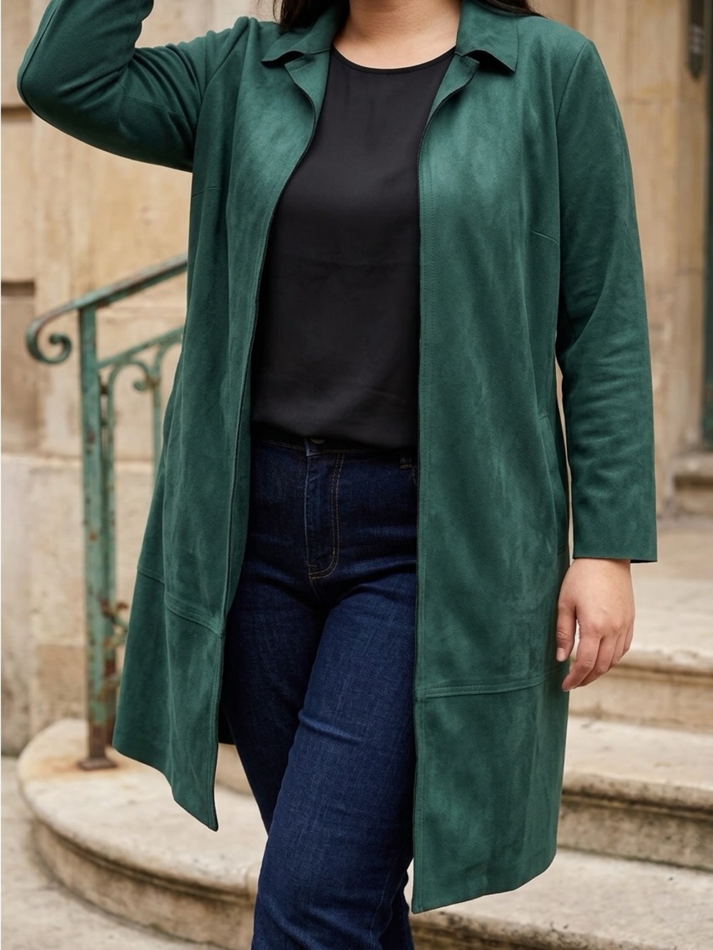 Philosophy Green Faux Suede Leather Classic Officewear Open Front Trench Coat-L